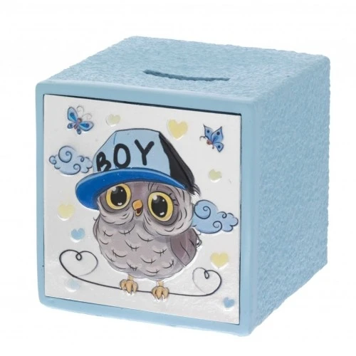 SALVADANAIO CUBO CON GUFO AZZURRO