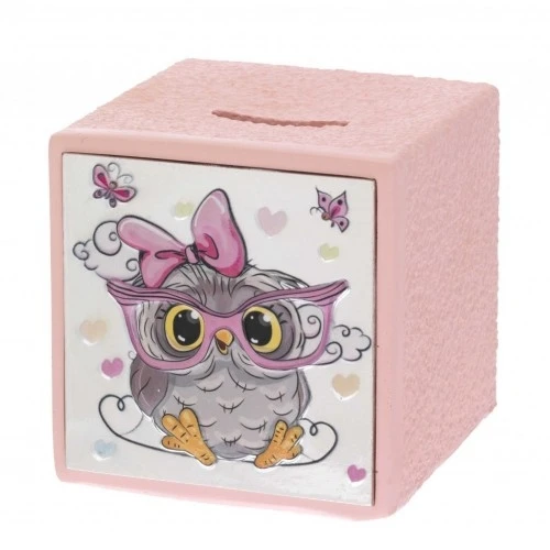 SALVADANAIO CUBO CON GUFO ROSA