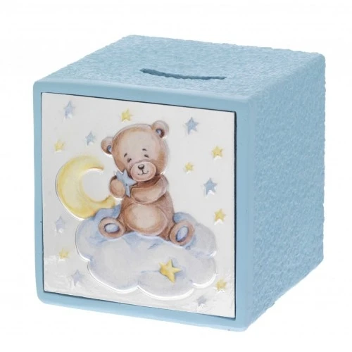 SALVADANAIO CUBO CON ORSETTO AZZURRO