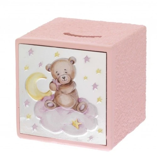 SALVADANAIO CUBO CON ORSETTO ROSA