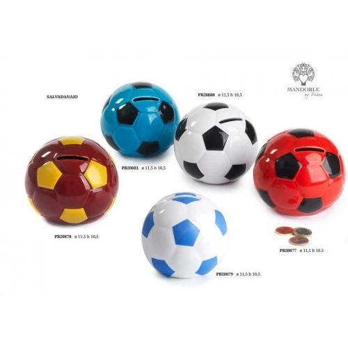 SALVADANAIO PALLONE DA CALCIO BIANCO-AZZURRO 11.5 CM. CERAMICA