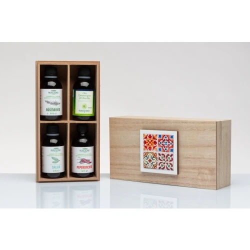 Bomboniera Solidale Cuorematto Sicily: Scatola in Legno con Degustazione Olio Siciliano e Maiolica