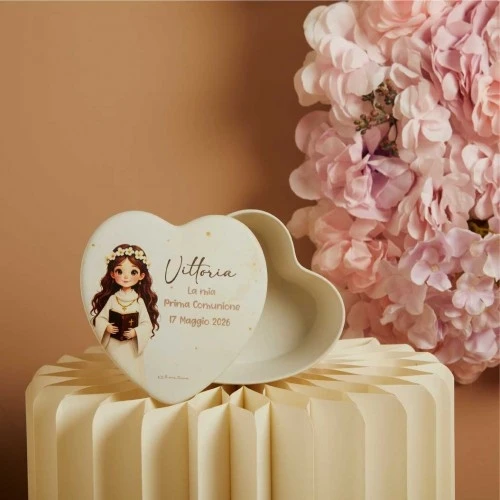 Bomboniera Comunione Per Bambina Claraluna: Scatola Cuore Cm. 12X12X4,5