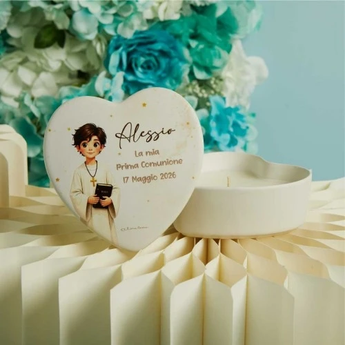 SCATOLA CLARALUNA COMUNIONE BAMBINO CON CANDELA CM. 12X12X4,5