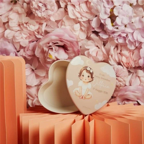 Scatola Cuore - Bomboniera Per Battesimo Bimba Claraluna Cm. 12X12X4,5 Rosa