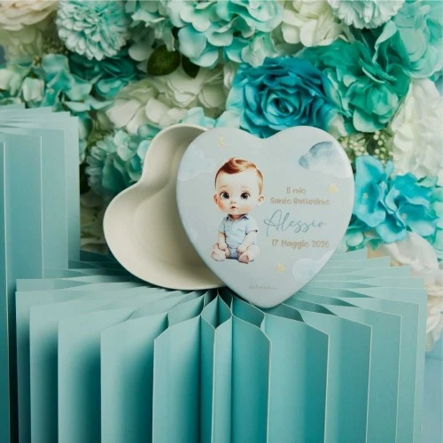 SCATOLA CON BIMBO - BOMBONIERA PER BATTESIMO CLARALUNA CM. 12X12X4,5 CELESTE