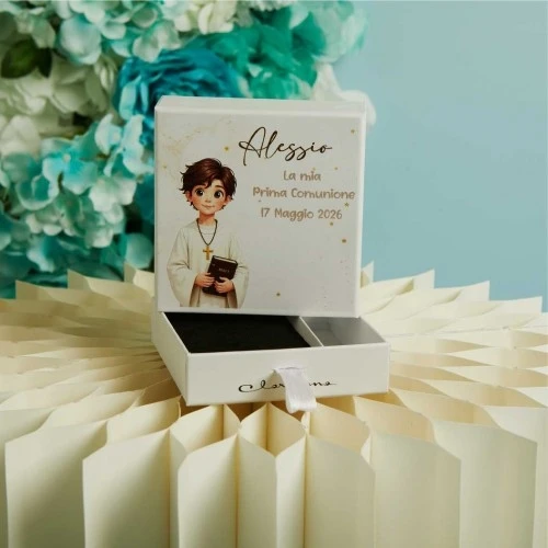 SCATOLA porta confetti claraluna per COMUNIONE bambini cm. 10x10x3