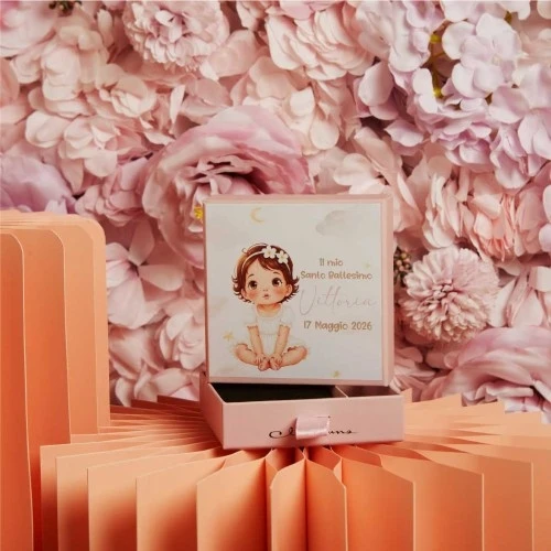 SCATOLA CLARALUNA CONFETTATA CON BIMBA ROSA CM.10X10X3