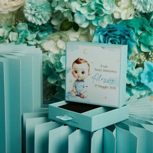 SCATOLA CLARALUNA CONFETTATA CON BIMBO CELESTE CM.10X10X3