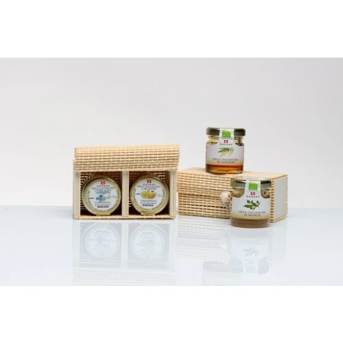 Bomboniera Solidale Cuorematto: Set 4 Degustazione Miele Bio in Contenitore di Bambù