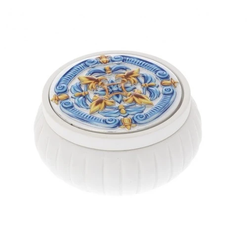SCATOLINA TONDA BIANCA CON FESONI CON DECO MAIOLICA