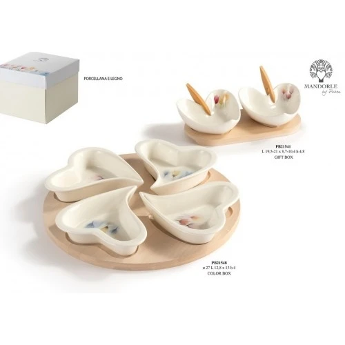 SET 2 CIOTOLINE A CUORE SU VASSOIO 21 CM. PORCELLANA E LEGNO G.BOX
