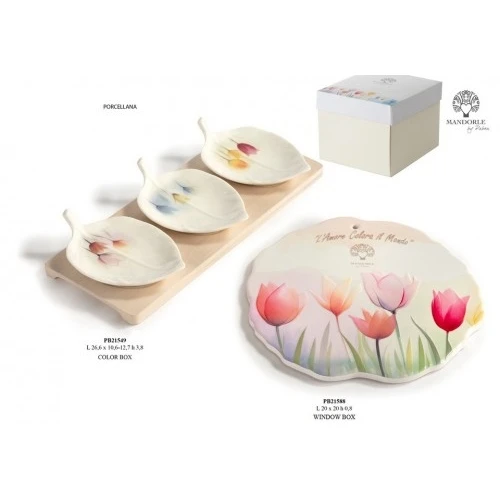 SET 3 CIOTOLINE A FOGLIA SU VASSOIO 26.6 CM. PORCELLANA E LEGNO C.BOX