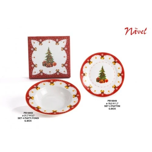 SET 4 PIATTI FONDI/ALB. NATALE 21.7 CM. PORCEL. G.BOX NAVEL