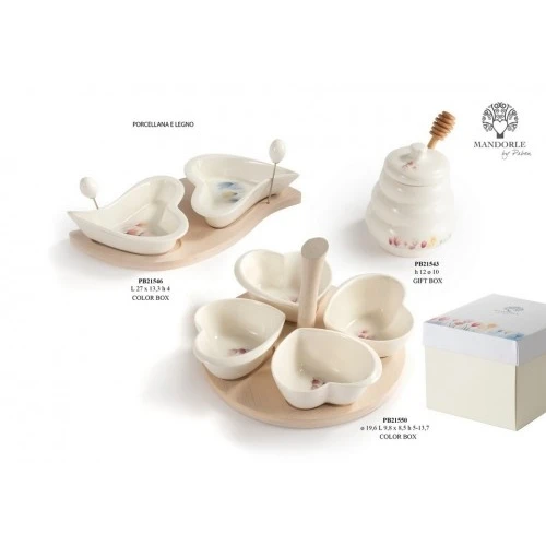 SET ANTIPASTO 4 CIOTOLE SU VASSOIO 19.6 CM. PORELLANA E LEGNO C.BOX