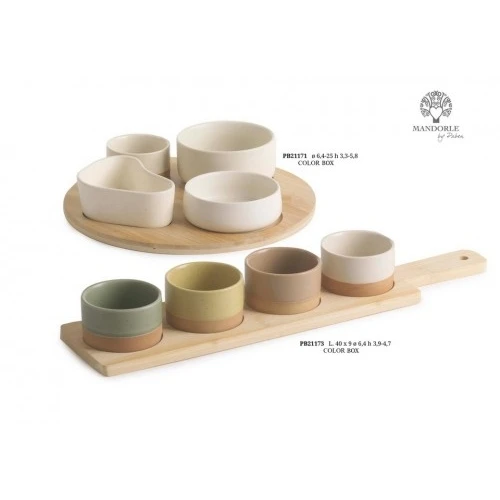 SET ANTIPASTIERA 4 CIOTOLE SU VASSOIO 25 CM. PORC. LEGNO C.BOX