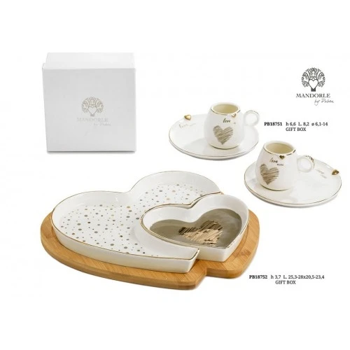 SET ANTIPASTIERA CUORI 'LOVE MORE' 28 CM. PORC. LEGNO