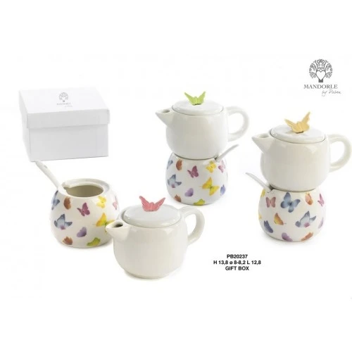 SET CAFFETTIERA - ZUCCHERIERA FARFALLE 13.8 CM. PORCELLANA