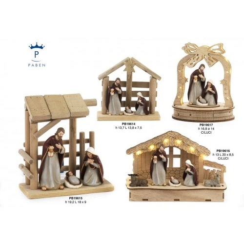 SET NATIVITA' BUE ASINO - CAPANNA 13 CM. RESINA LEGNO LUCI