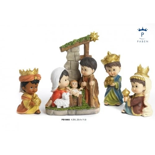 SET NATIVITA' CON CAPANNA E RE MAGI BAMBINI 29 CM. RESINA