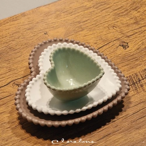 SET 3 PIATTINI CUORE VERDE BIANCO TORTORA