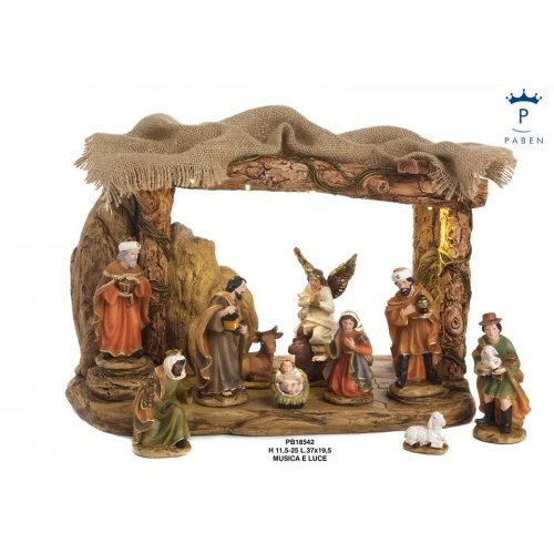 SET PRESEPE-CAPANNA 11.5 CM. 11 SOG. RESINA LUCE MUS