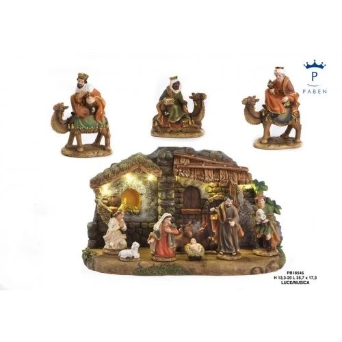 PRESEPE 13.3 CM. 11 SOG. RESINA CON LUCE E MUSICA
