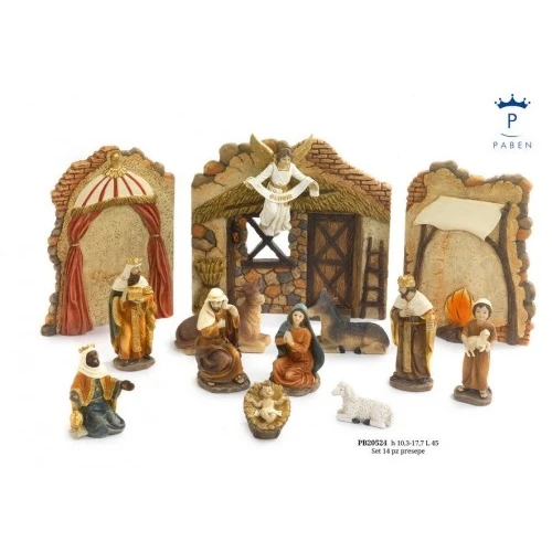 SET PRESEPE CON CAPANNA COMPON. 10.3 CM. 14 PZ RESINA
