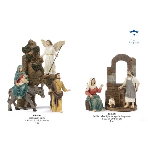 SET SACRA FAMIGLIA BOTTEGA DA FALEGNAME 15 CM. 4 PZ. RESINA