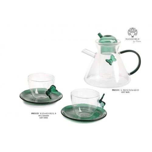 SET TEIERA - INFUSORE VERDE CON FARFALLA 16.5 CM. VETRO G.BOX