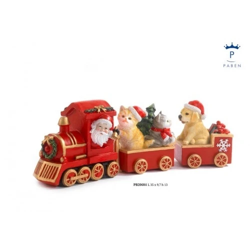 SET TRENINO CON GATTI CANE E BABBO NATALE 35 CM. RESINA