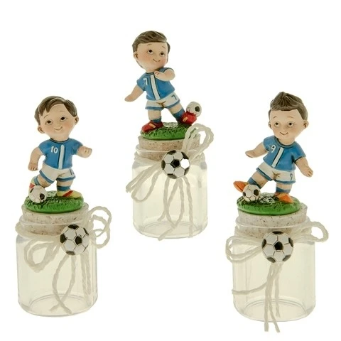 BARATTOLO IN VETRO CON BAMBINO CALCIATORE IN CEAMICA CONF.ASSORTITE CM 12