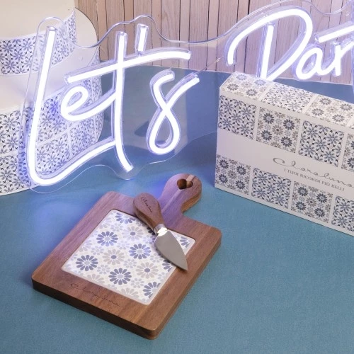 TAGLIERE ACACIA FIORI BLU/TORTORA CON COLTELLINO