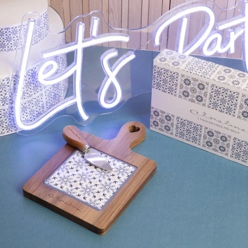 TAGLIERE ACACIA FIORI BLU CON COLTELLINO