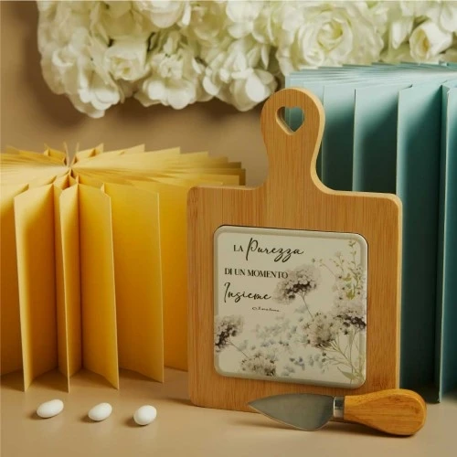 Tagliere Claraluna in Legno colore Bamboo e Ceramica – Bomboniera Matrimonio e Anniversario cm.23x15