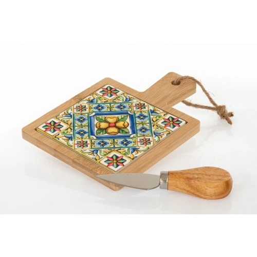 Bomboniera Solidale Cuorematto: Tagliere con Coltello Grana Stile Maiolica 