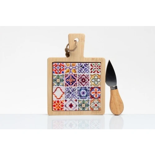 Bomboniera Solidale Cuorematto Sicily: Tagliere in Legno e Maiolica con Coltellino Grana cm.12x17