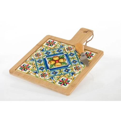 Bomboniera Solidale Cuorematto: Tagliere con Coltello Grana Stile Maiolica 