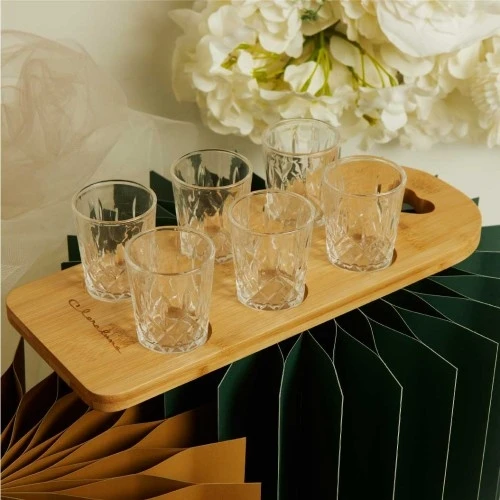 Set Liquore Claraluna: Vassoio in Legno con 6 Bicchierini in Vetro cm.30x12x1,5