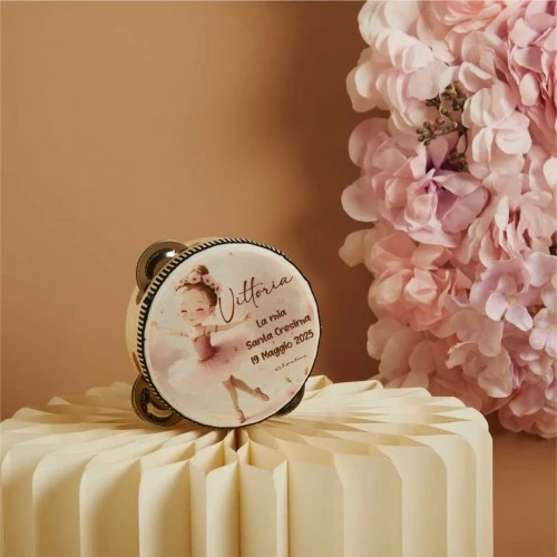 TAMBURELLO CON BALLERINA - BOMBONIERA CRESIMA CM. 10,2X4,2