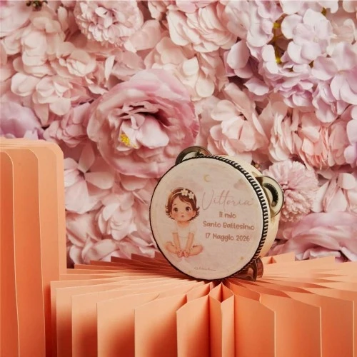 Bomboniera per battesimo Claraluna: Tamburello personalizzabile collezione 2026 cm. 10,2x40,2 - rosa