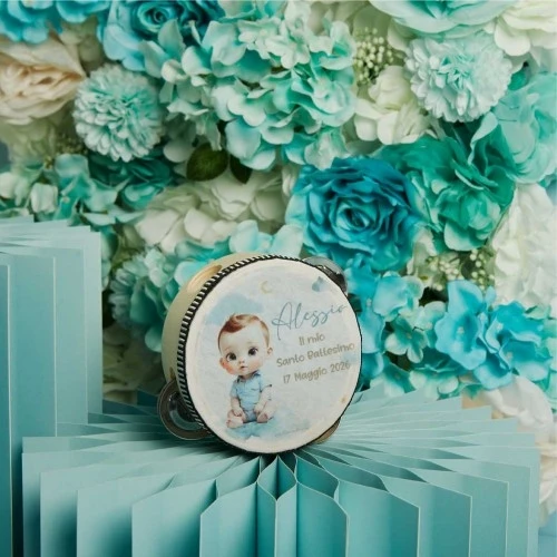 Bomboniera battesimo Claraluna: Tamburello personalizzabile collezione 2026 cm. 10,2x40,2 - celeste