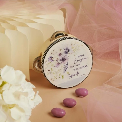 Bomboniera Claraluna a forma di Tamburello Fiori colore lilla cm.10,2x4,2