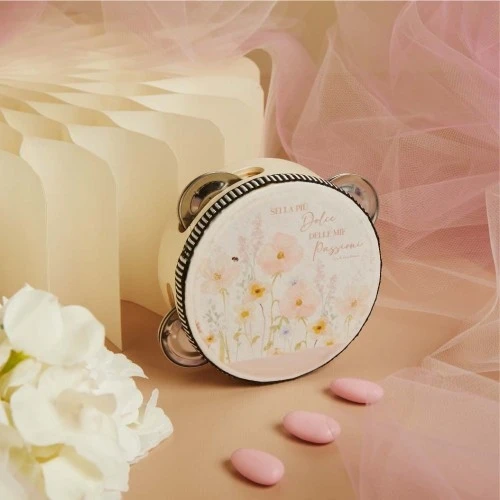 Bomboniera Tamburello Claraluna con Fiori Rosa cm.10,2x4,2