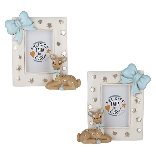 BOMBONIERA PER BATTESIMO TENERO CERVO PORTAFOTO CELESTE CM.11 H.13