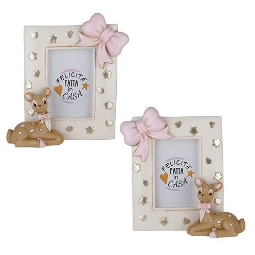 BOMBONIERA PER BATTESIMO TENERO CERVO PORTAFOTO ROSA CM.11 H.13