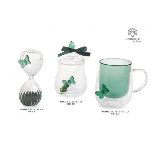 VASETTO PER MIELE VERDE CON FARFALLA 13.2 CM. VETRO G.BOX