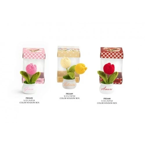 Bomboniera Vasetto con Tulipano e Fiore Fatto a Mano in Scatola Trasparente cm.12 Rosso