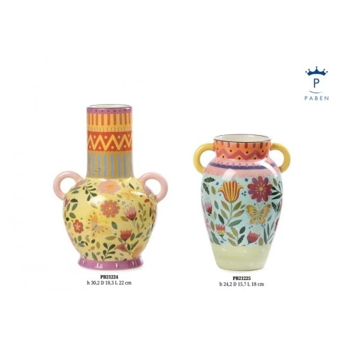 VASO CON FIORI E FARFALLE 24.2 CM. CERAMICA