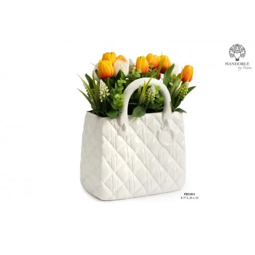 VASO DI TULIPANI A FORMA DI BORSETTA BIANCA 37 CM. CERAMICA